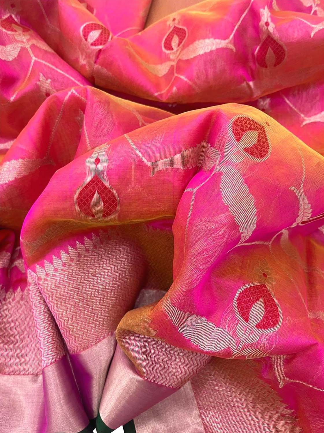 Beautiful Pink Shot Chanderi Handloom Pure Silk Saree - Luxurion World
