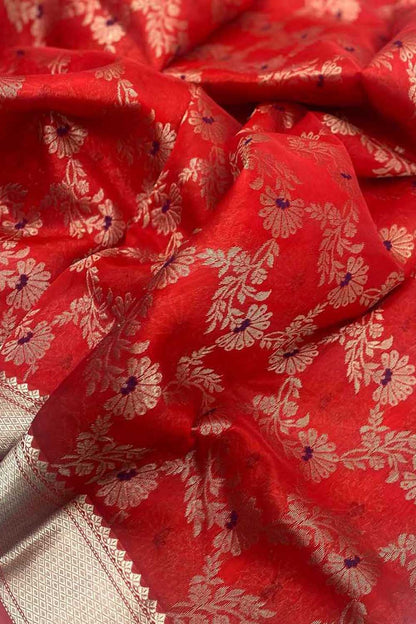 Red Chanderi Handloom Pure Silk Flower Design Meenakari Saree - Luxurion World