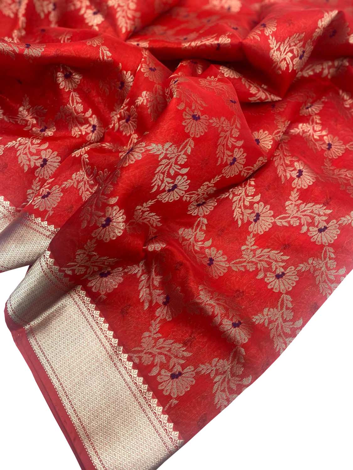 Red Chanderi Handloom Pure Silk Flower Design Meenakari Saree - Luxurion World