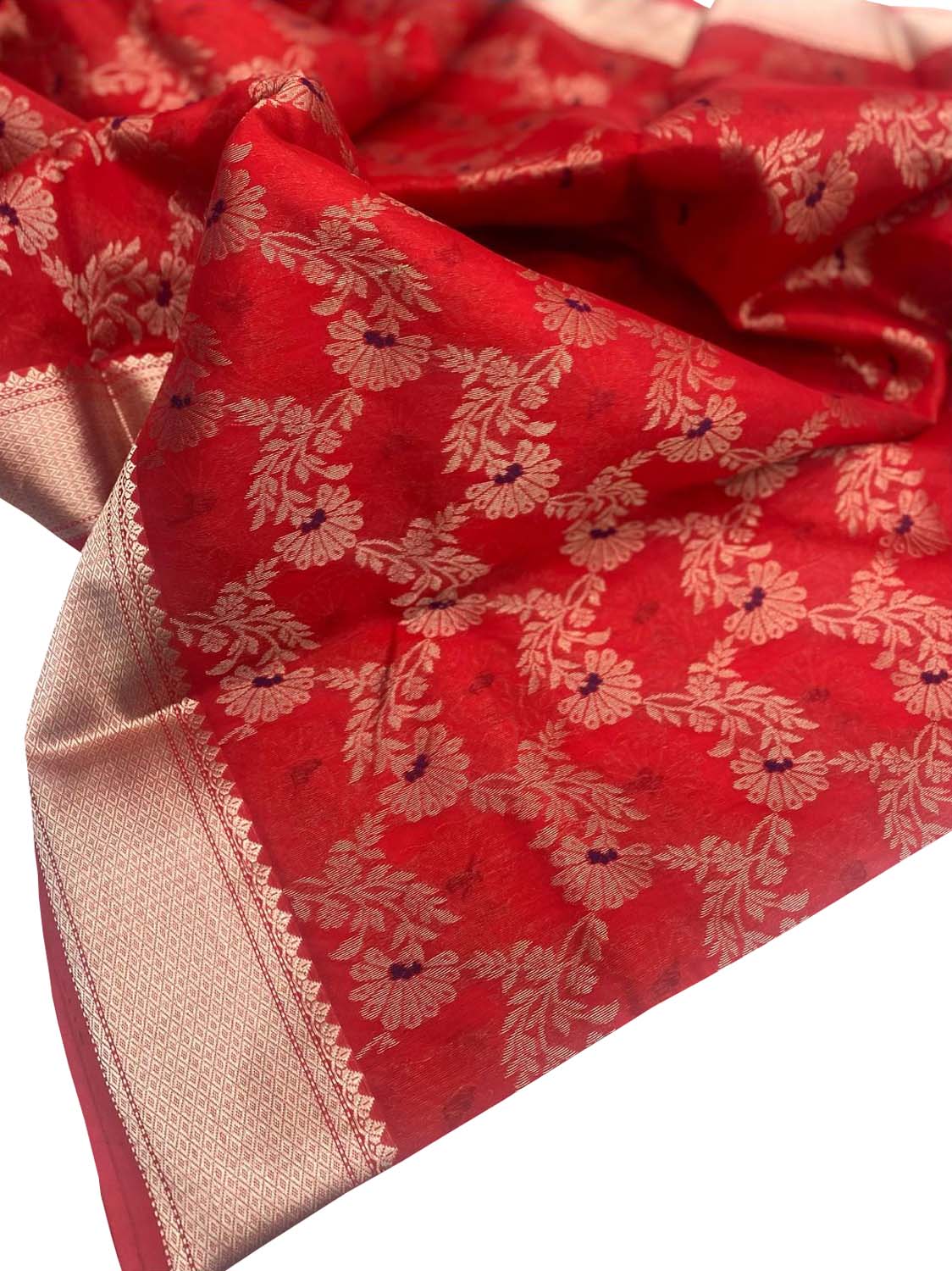 Red Chanderi Handloom Pure Silk Flower Design Meenakari Saree - Luxurion World
