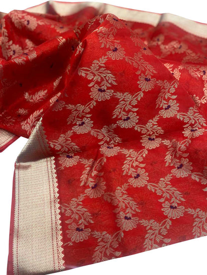 Red Chanderi Handloom Pure Silk Flower Design Meenakari Saree - Luxurion World