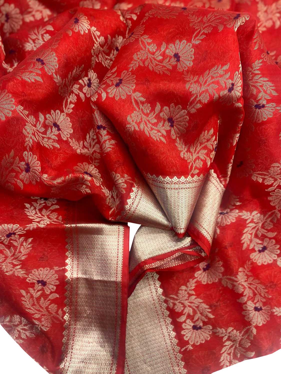 Red Chanderi Handloom Pure Silk Flower Design Meenakari Saree - Luxurion World