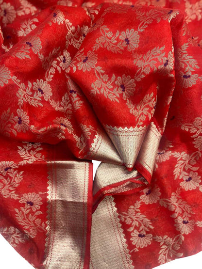 Red Chanderi Handloom Pure Silk Flower Design Meenakari Saree - Luxurion World