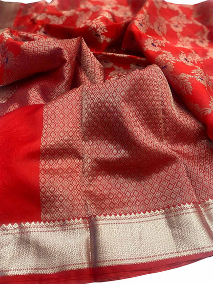 Red Chanderi Handloom Pure Silk Flower Design Meenakari Saree - Luxurion World