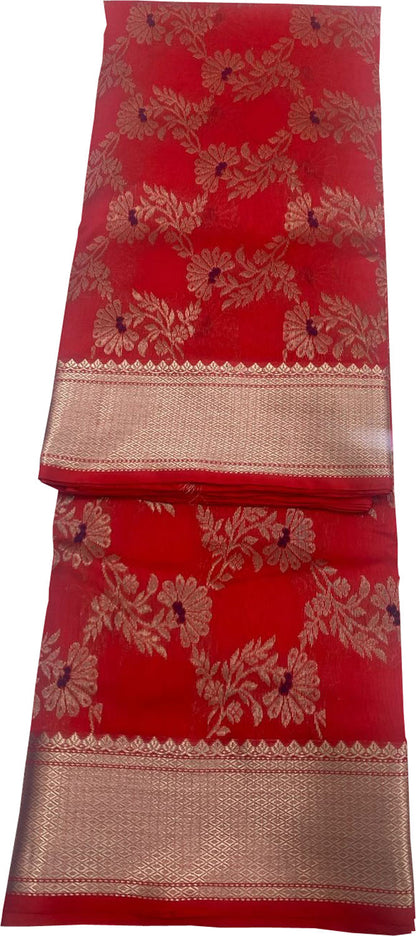 Red Chanderi Handloom Pure Silk Flower Design Meenakari Saree - Luxurion World