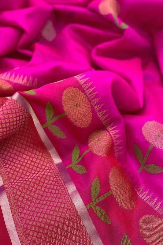 Beautiful Pink Chanderi Handloom Pure Silk Flower Design Saree - Luxurion World