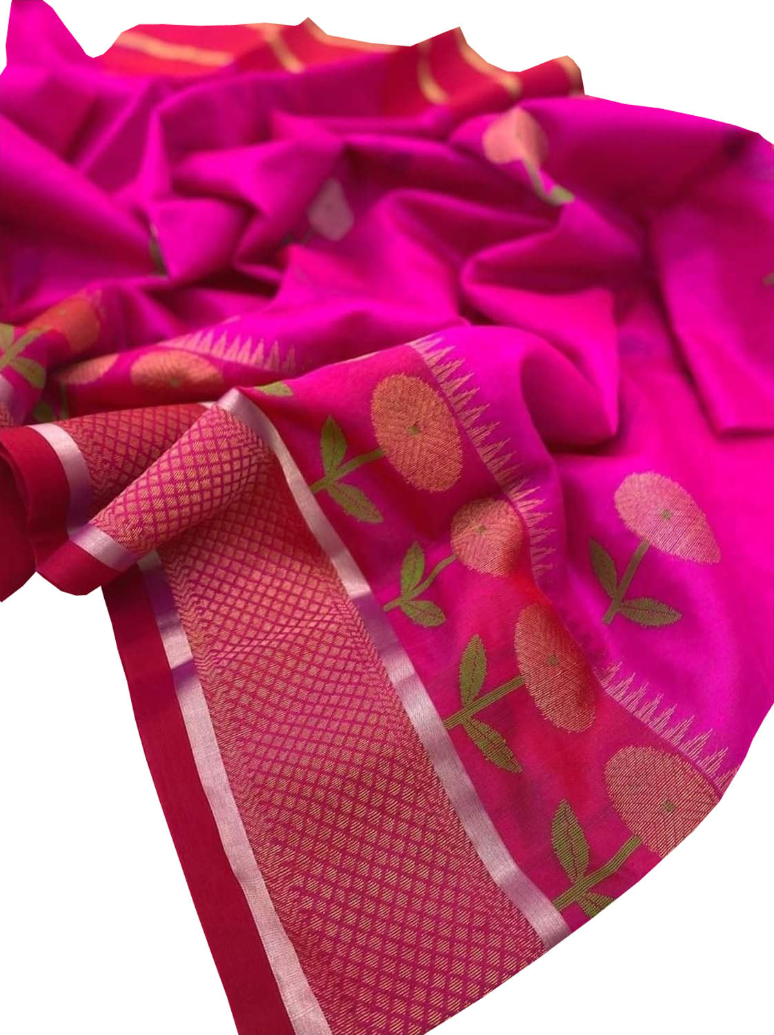 Beautiful Pink Chanderi Handloom Pure Silk Flower Design Saree - Luxurion World