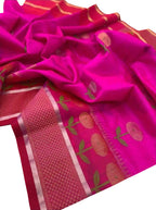 Beautiful Pink Chanderi Handloom Pure Silk Flower Design Saree - Luxurion World