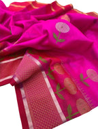 Beautiful Pink Chanderi Handloom Pure Silk Flower Design Saree - Luxurion World