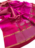 Beautiful Pink Chanderi Handloom Pure Silk Flower Design Saree - Luxurion World