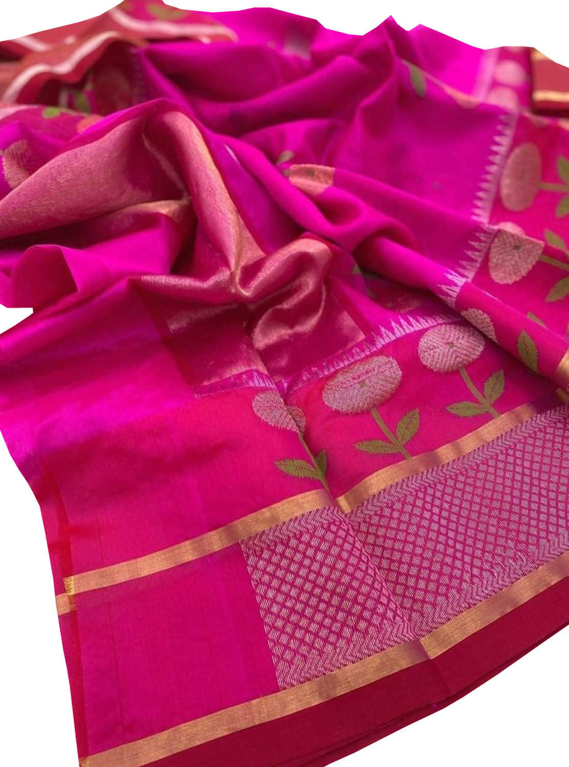 Beautiful Pink Chanderi Handloom Pure Silk Flower Design Saree - Luxurion World