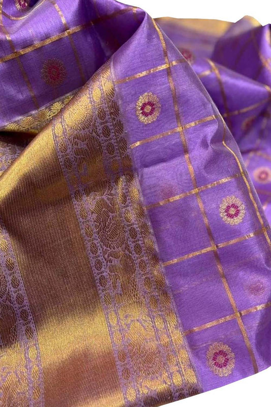 Stunning Purple Chanderi Handloom Pure Silk Checks Flower Design Saree - Luxurion World