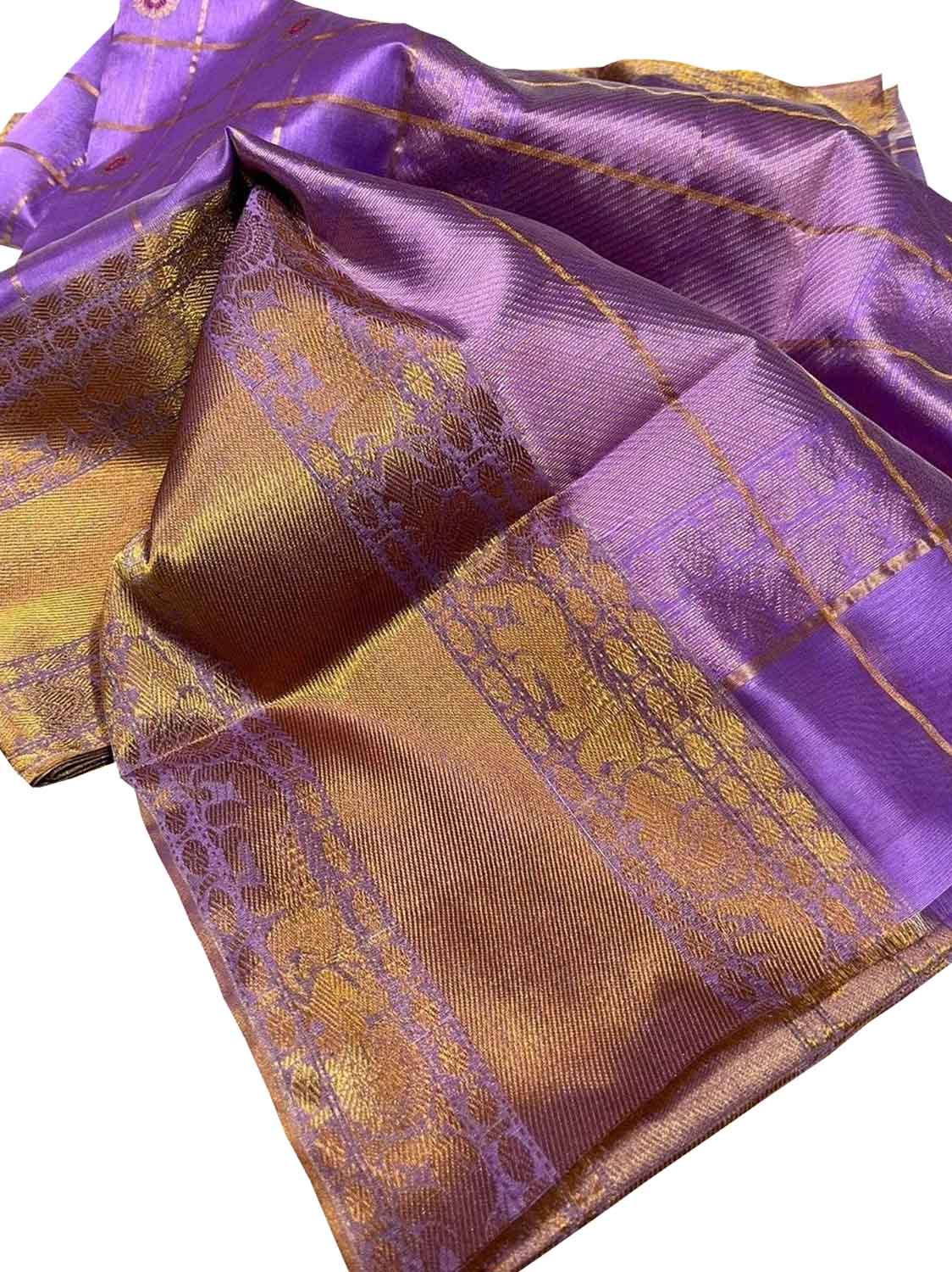 Stunning Purple Chanderi Handloom Pure Silk Checks Flower Design Saree - Luxurion World
