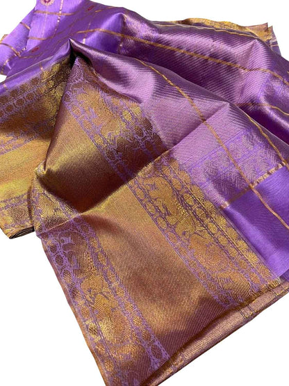 Stunning Purple Chanderi Handloom Pure Silk Checks Flower Design Saree - Luxurion World