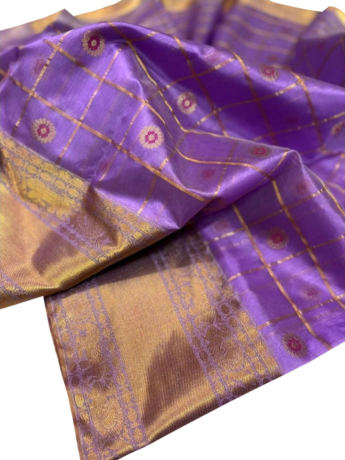 Stunning Purple Chanderi Handloom Pure Silk Checks Flower Design Saree - Luxurion World