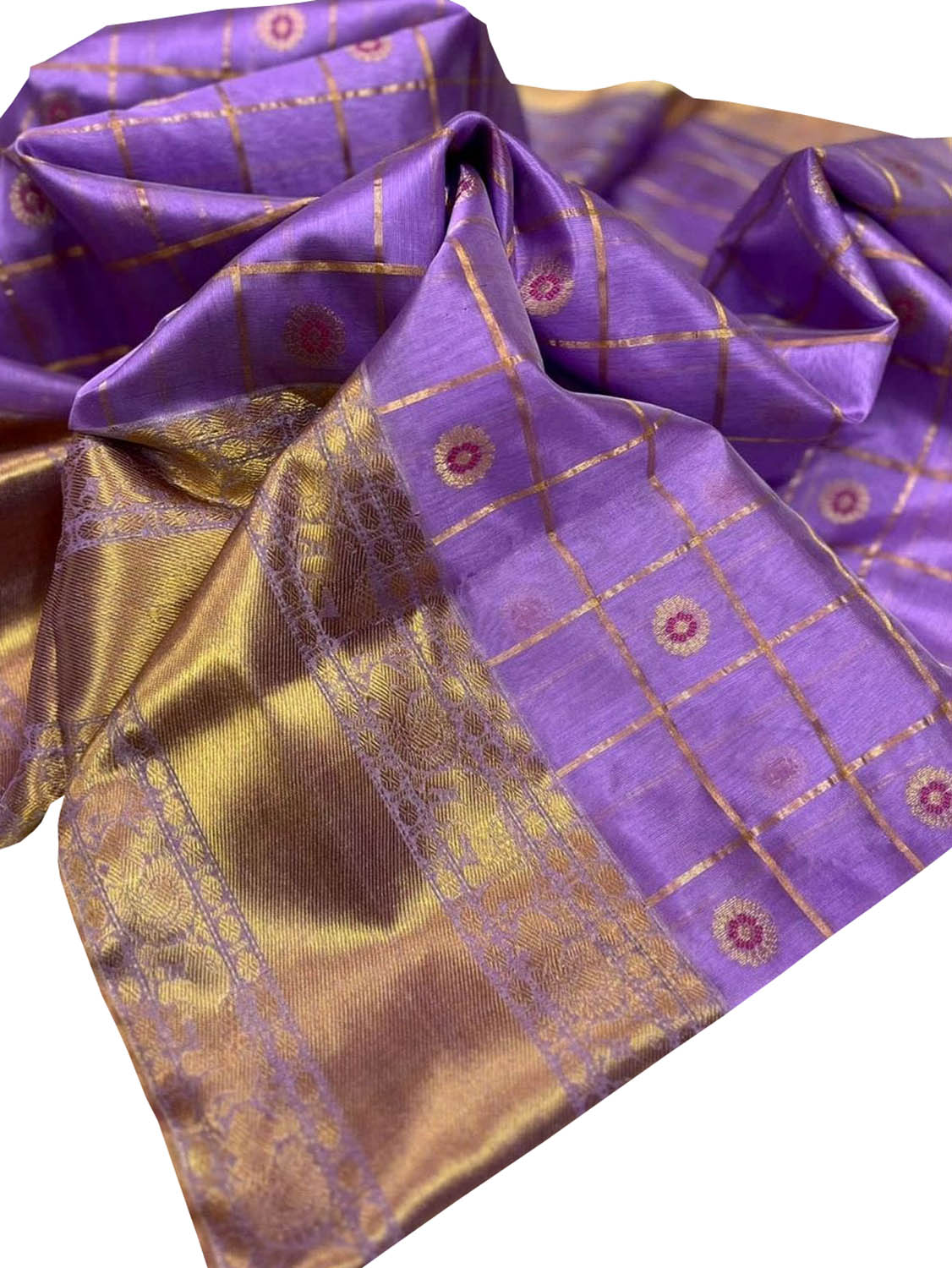 Stunning Purple Chanderi Handloom Pure Silk Checks Flower Design Saree - Luxurion World