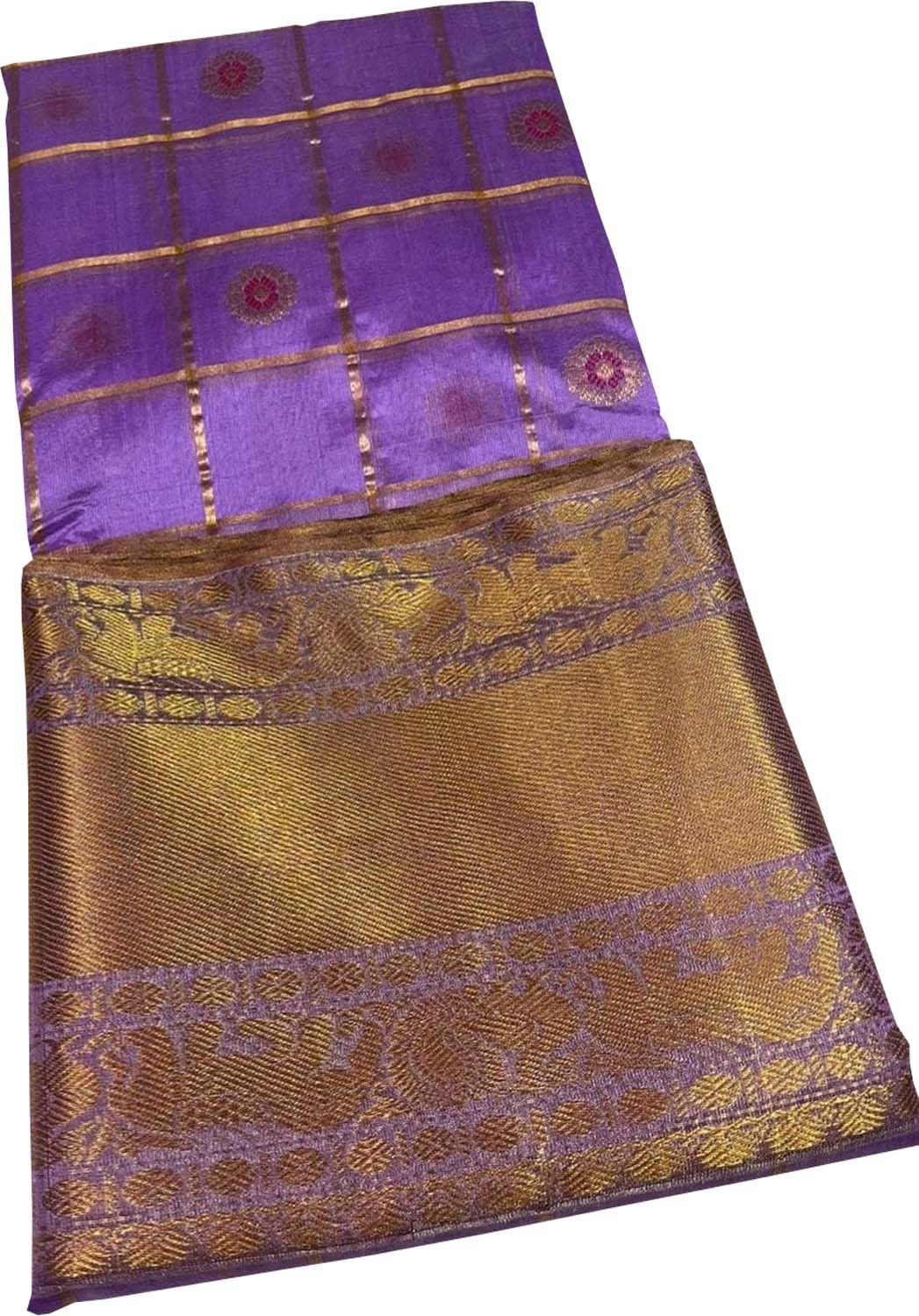 Stunning Purple Chanderi Handloom Pure Silk Checks Flower Design Saree - Luxurion World
