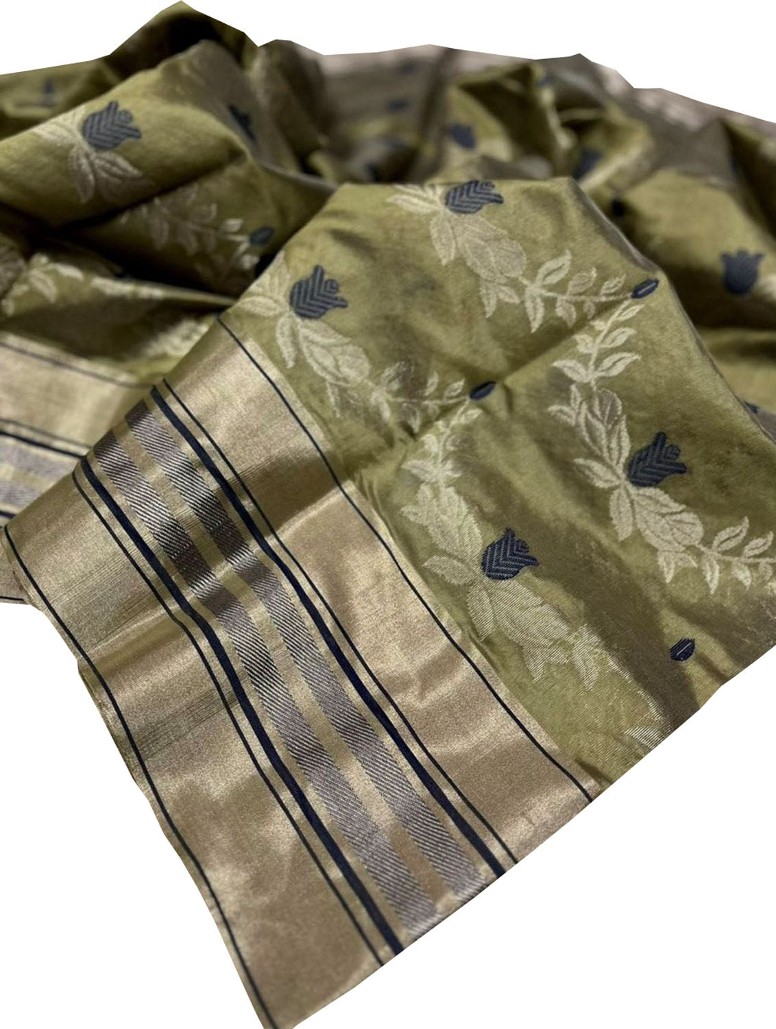 Green Chanderi Handloom Pure Silk Flower Design Saree - Luxurion World