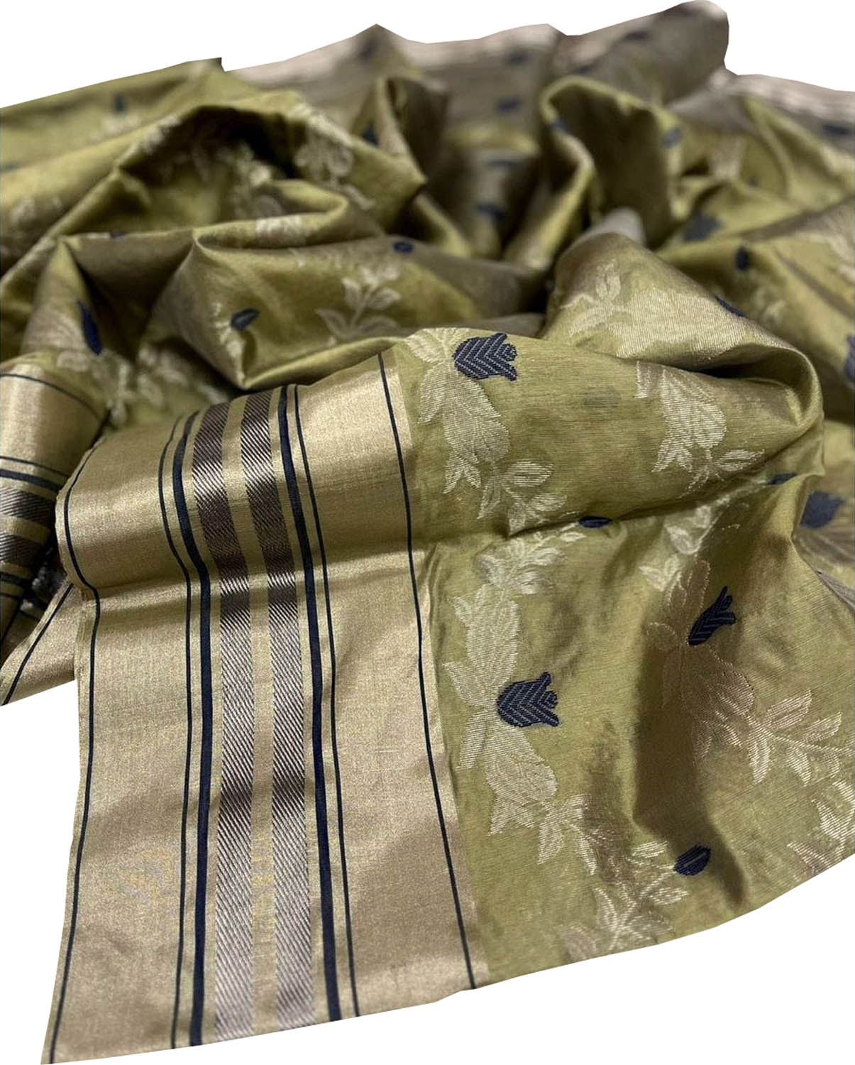 Green Chanderi Handloom Pure Silk Flower Design Saree - Luxurion World