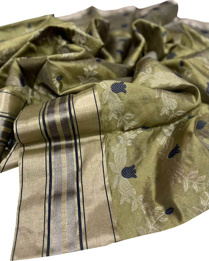 Green Chanderi Handloom Pure Silk Flower Design Saree - Luxurion World