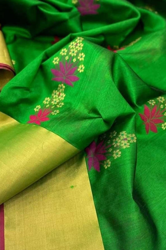 Green Chanderi Handloom Pure Silk Flower Design Saree - Luxurion World