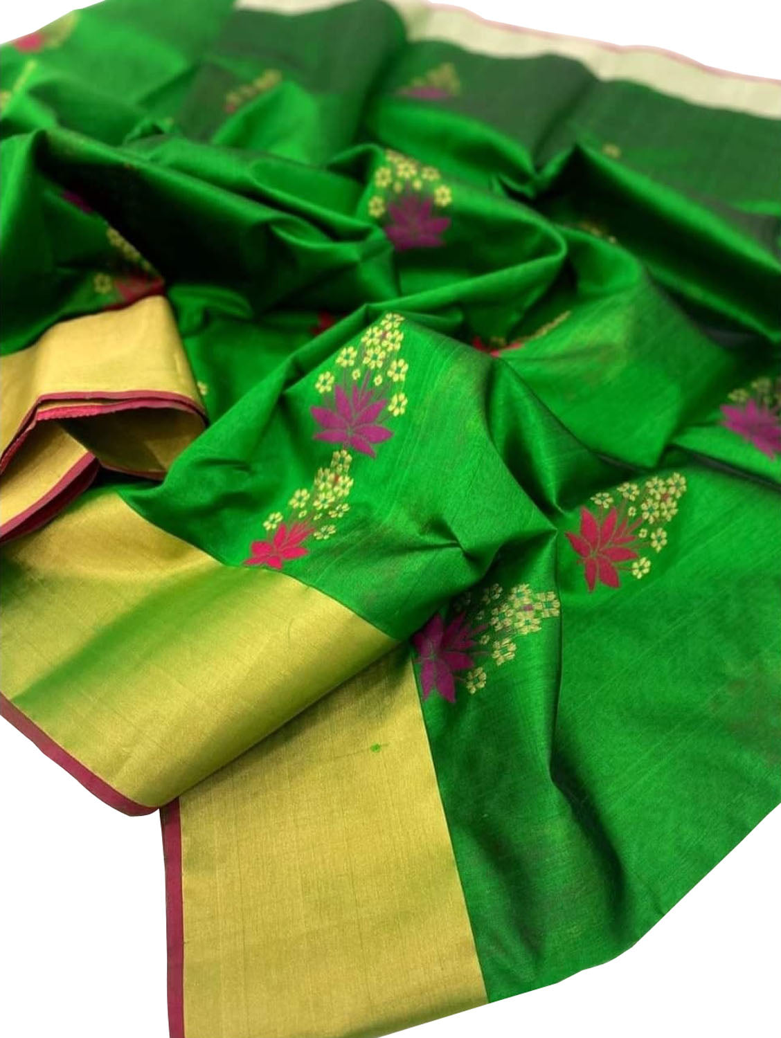 Green Chanderi Handloom Pure Silk Flower Design Saree - Luxurion World