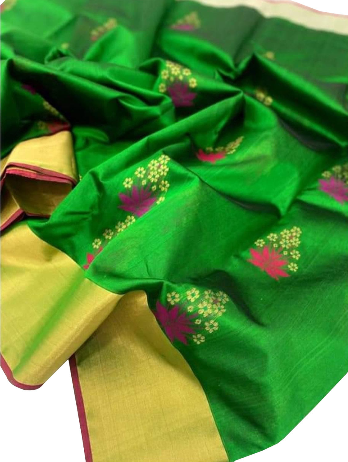 Green Chanderi Handloom Pure Silk Flower Design Saree - Luxurion World