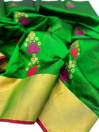 Green Chanderi Handloom Pure Silk Flower Design Saree - Luxurion World