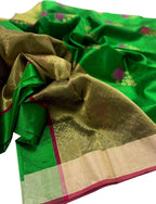 Green Chanderi Handloom Pure Silk Flower Design Saree - Luxurion World