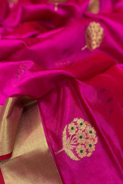 Pink Chanderi Handloom Pure Silk Flower Design Saree - Luxurion World