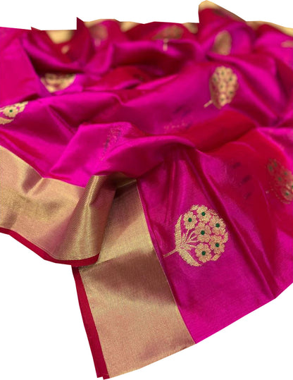Pink Chanderi Handloom Pure Silk Flower Design Saree - Luxurion World