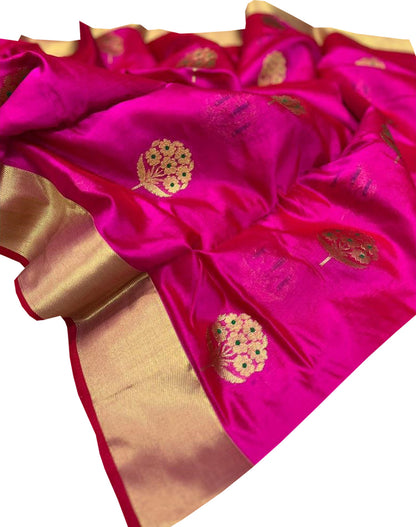 Pink Chanderi Handloom Pure Silk Flower Design Saree - Luxurion World
