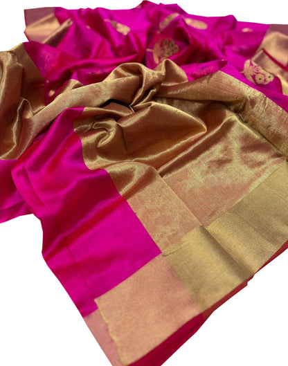 Pink Chanderi Handloom Pure Silk Flower Design Saree - Luxurion World