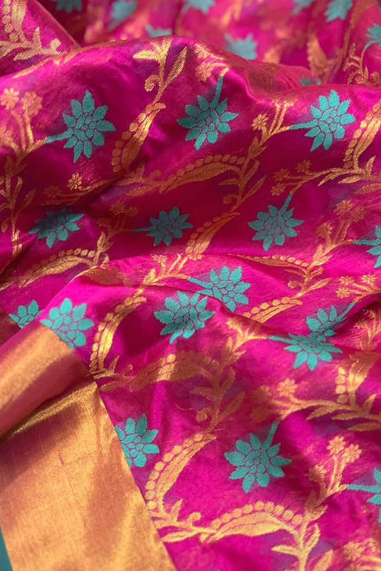 Exquisite Pink Chanderi Handloom Pure Silk Meenakari Saree - Luxurion World