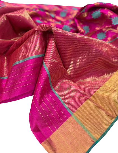 Exquisite Pink Chanderi Handloom Pure Silk Meenakari Saree - Luxurion World