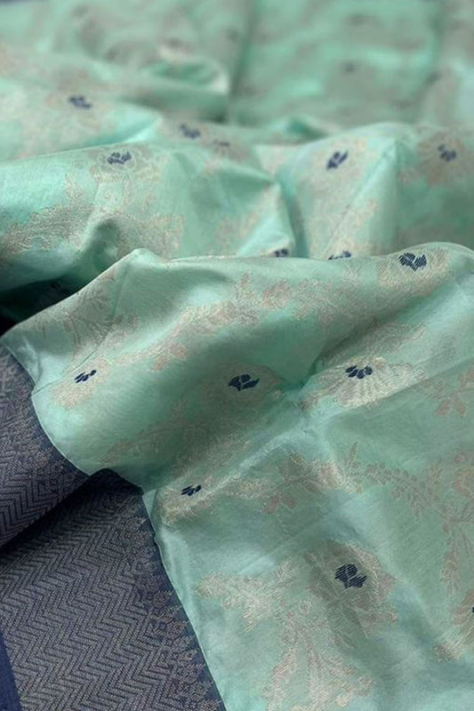 Blue Chanderi Handloom Pure Silk Meenakari Flower Design Saree - Luxurion World