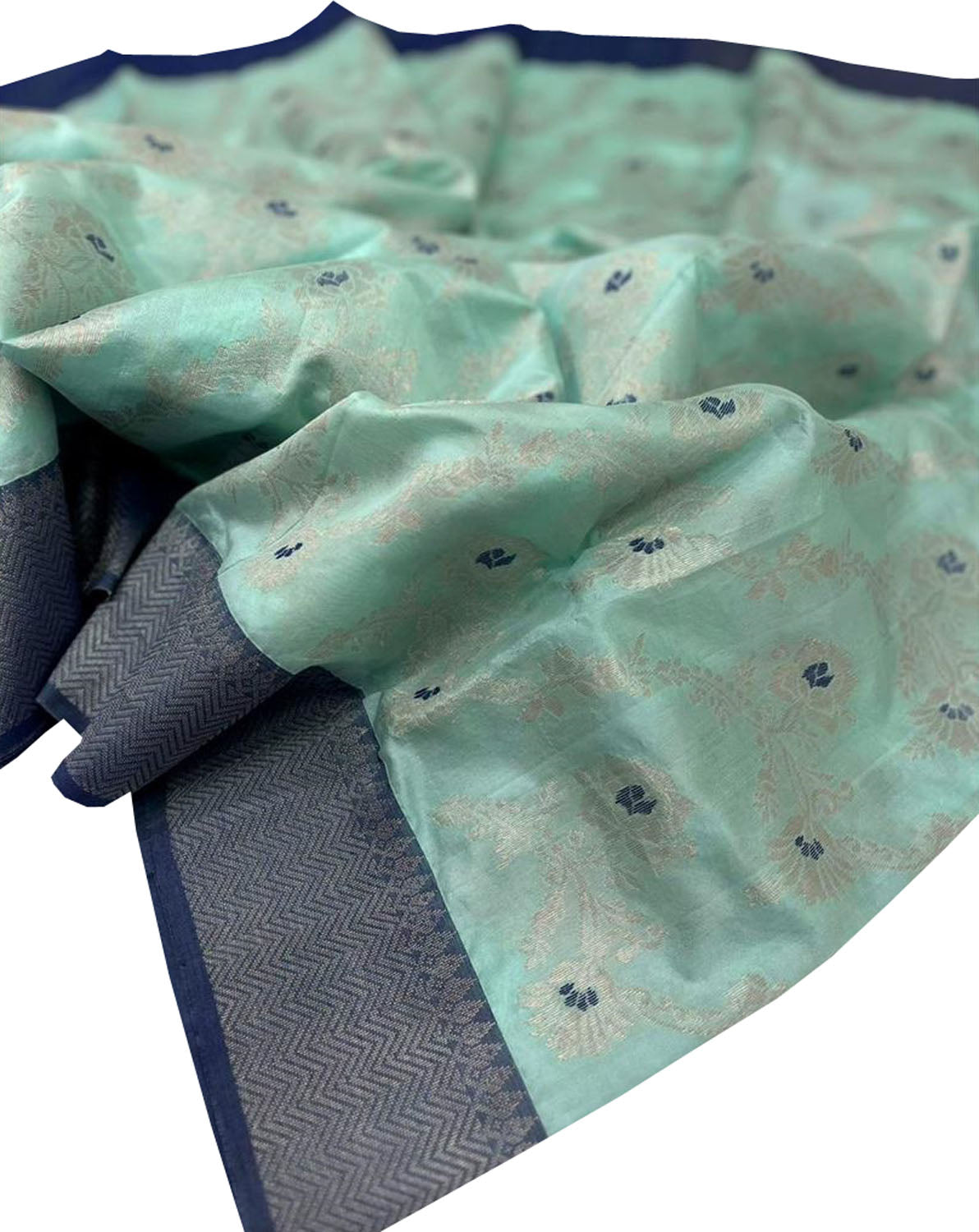 Blue Chanderi Handloom Pure Silk Meenakari Flower Design Saree - Luxurion World