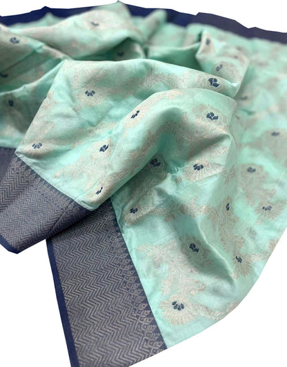 Blue Chanderi Handloom Pure Silk Meenakari Flower Design Saree - Luxurion World