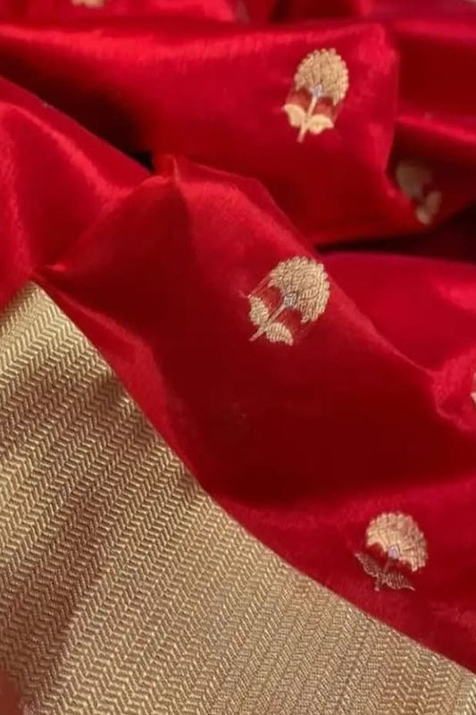 Red Chanderi Handloom Pure Silk Flower Design Saree - Luxurion World