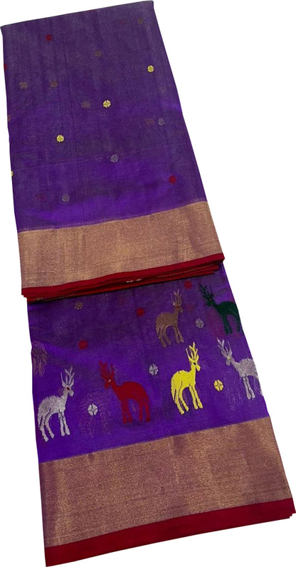 Exquisite Purple Chanderi Handloom Pure Silk Animal Design Saree - Luxurion World