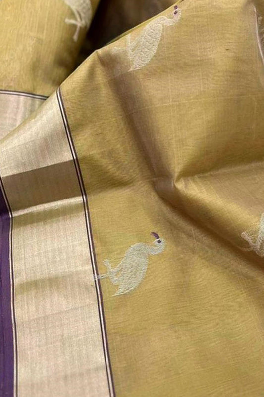 Golden Chanderi Handloom Pure Silk Bird Design Saree - Luxurion World