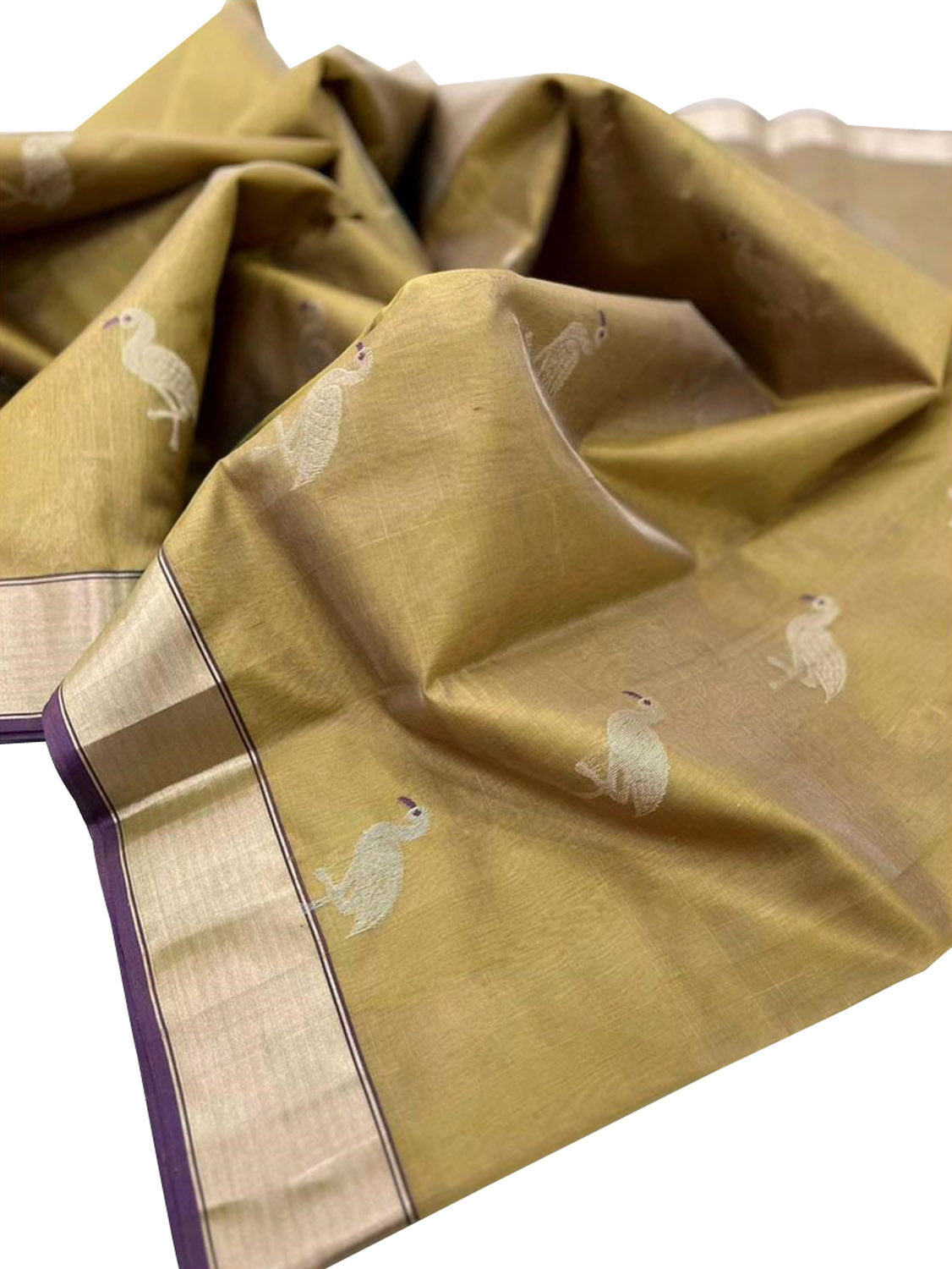 Golden Chanderi Handloom Pure Silk Bird Design Saree - Luxurion World