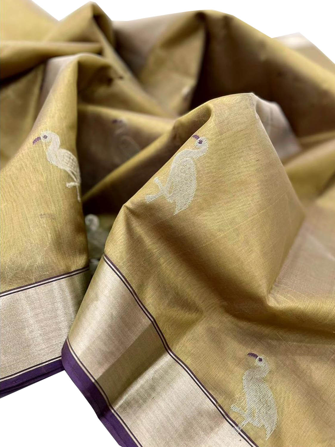 Golden Chanderi Handloom Pure Silk Bird Design Saree - Luxurion World