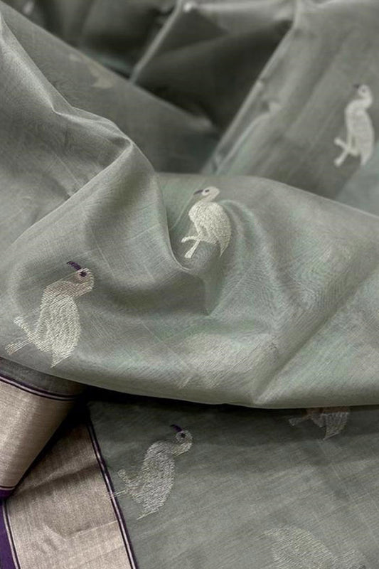 Grey Chanderi Handloom Pure Silk Bird Design Saree - Luxurion World
