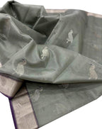 Grey Chanderi Handloom Pure Silk Bird Design Saree - Luxurion World