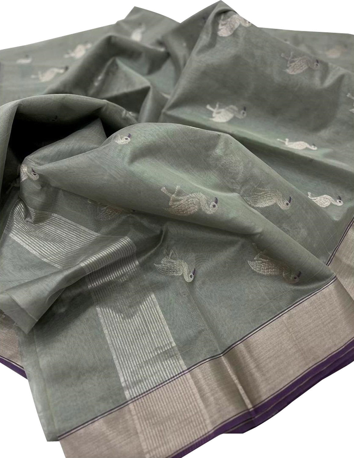 Grey Chanderi Handloom Pure Silk Bird Design Saree - Luxurion World