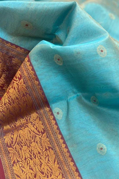 Blue Chanderi Handloom Pure Silk Small Booti Design Meenakari Saree - Luxurion World