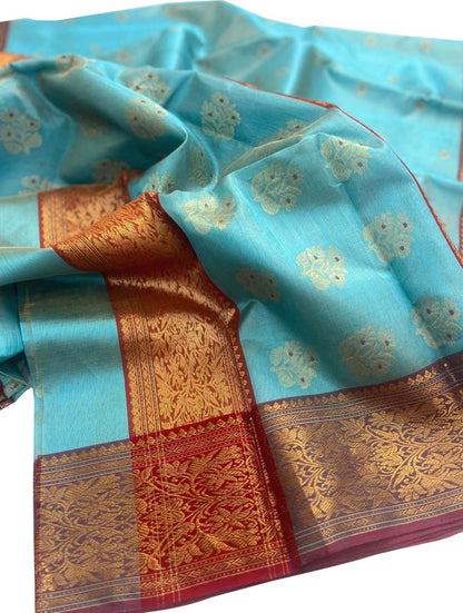 Blue Chanderi Handloom Pure Silk Small Booti Design Meenakari Saree - Luxurion World