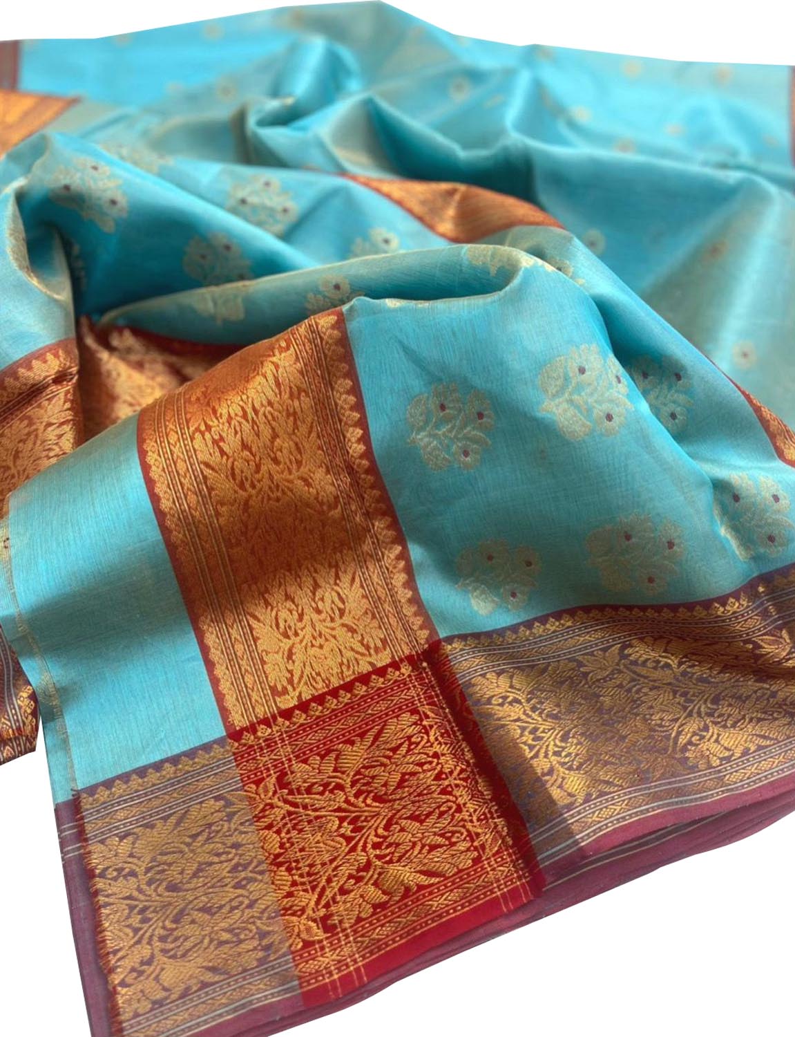 Blue Chanderi Handloom Pure Silk Small Booti Design Meenakari Saree - Luxurion World