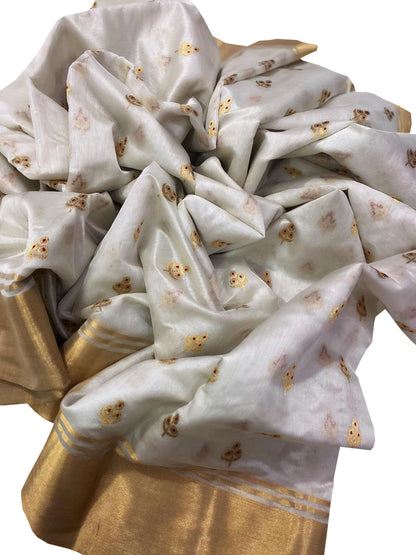 Elegant Off White Chanderi Handloom Pure Silk Flower Design Meenakari Saree - Luxurion World